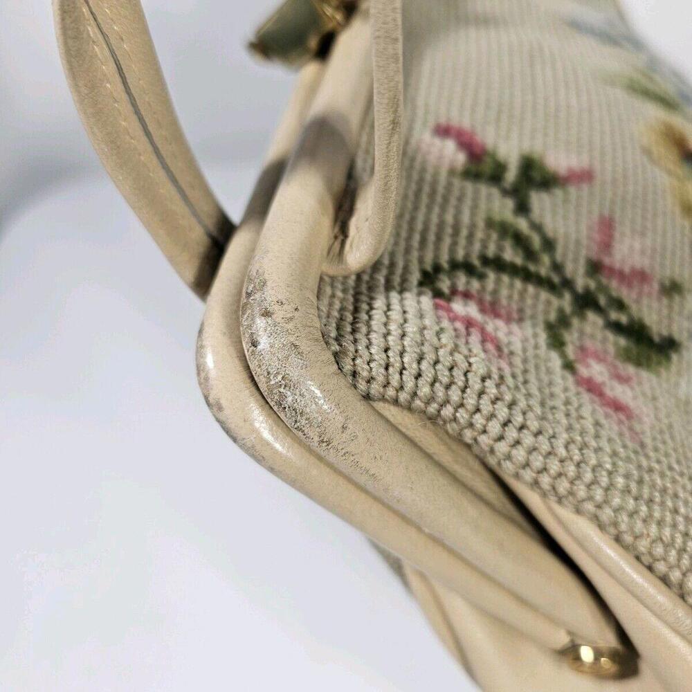 Vintage 1950's Mid Century Needlepoint Floral Purse Handbag Pocket Beige - Picture 9 of 13